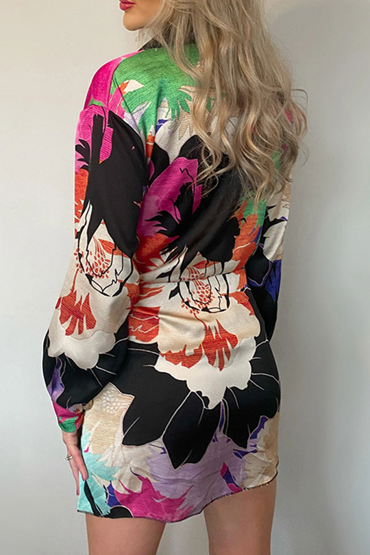 Heidi-Mode | Sommer Blumenmuster Druck Langarm Schnürr Mini Hemdkleid