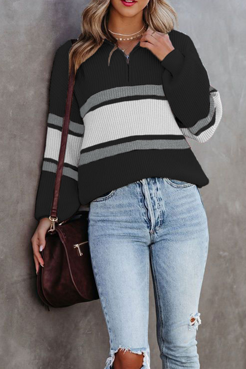 Heidi-Mode | Lässig Einfarbig Patchwork Reißverschluss Kragen Pullover - 5 Farben