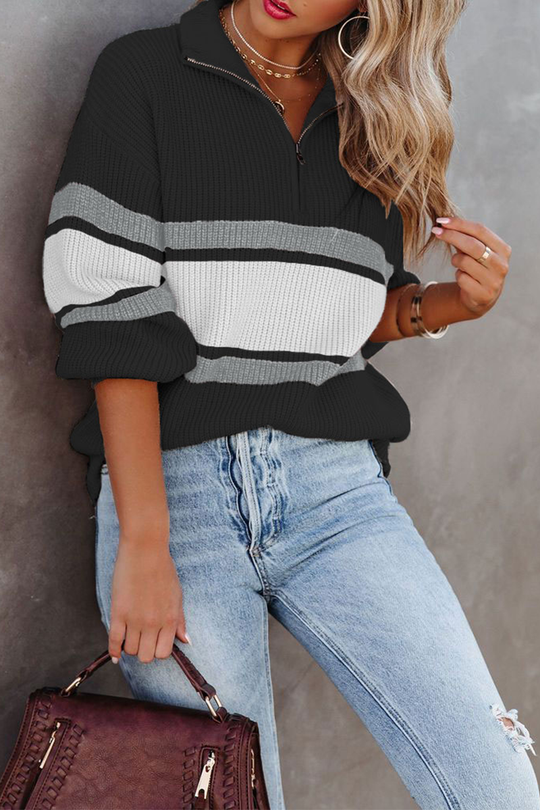 Heidi-Mode | Lässig Einfarbig Patchwork Reißverschluss Kragen Pullover - 5 Farben