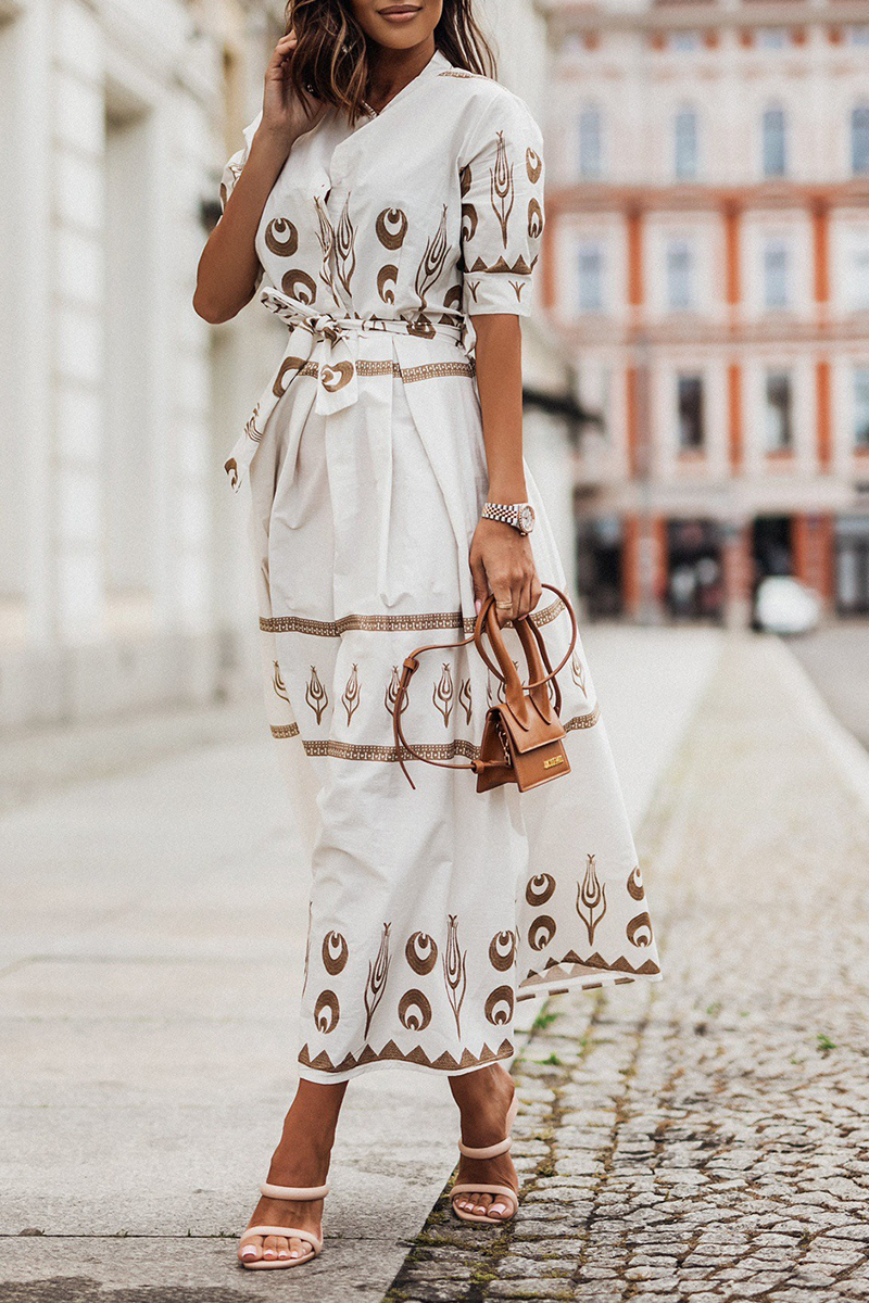 geometrischer Druck Midi-Kleid mit flachem Kragen und halben Ärmeln