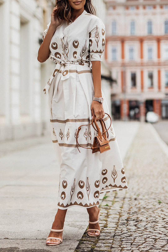 geometrischer Druck Midi-Kleid mit flachem Kragen und halben Ärmeln