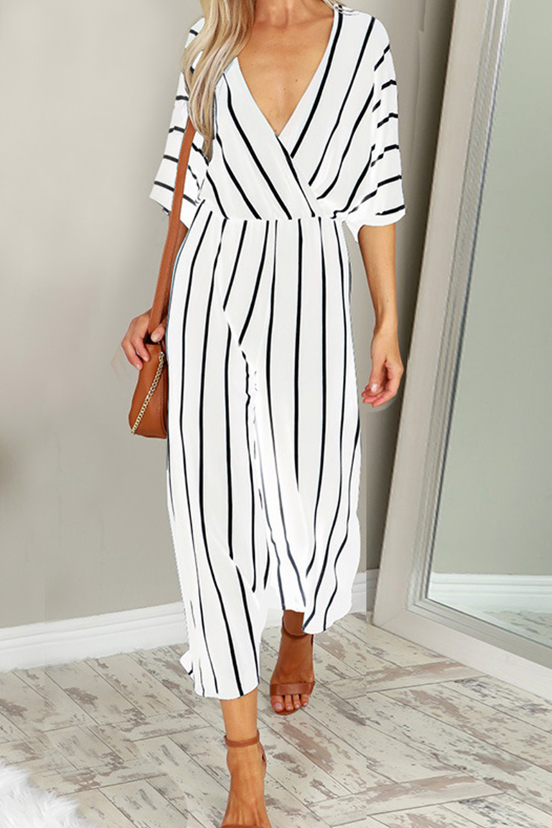 Heidi-Mode | Lässige Gestreifte Patchwork V-Ausschnitt Gerade Jumpsuits