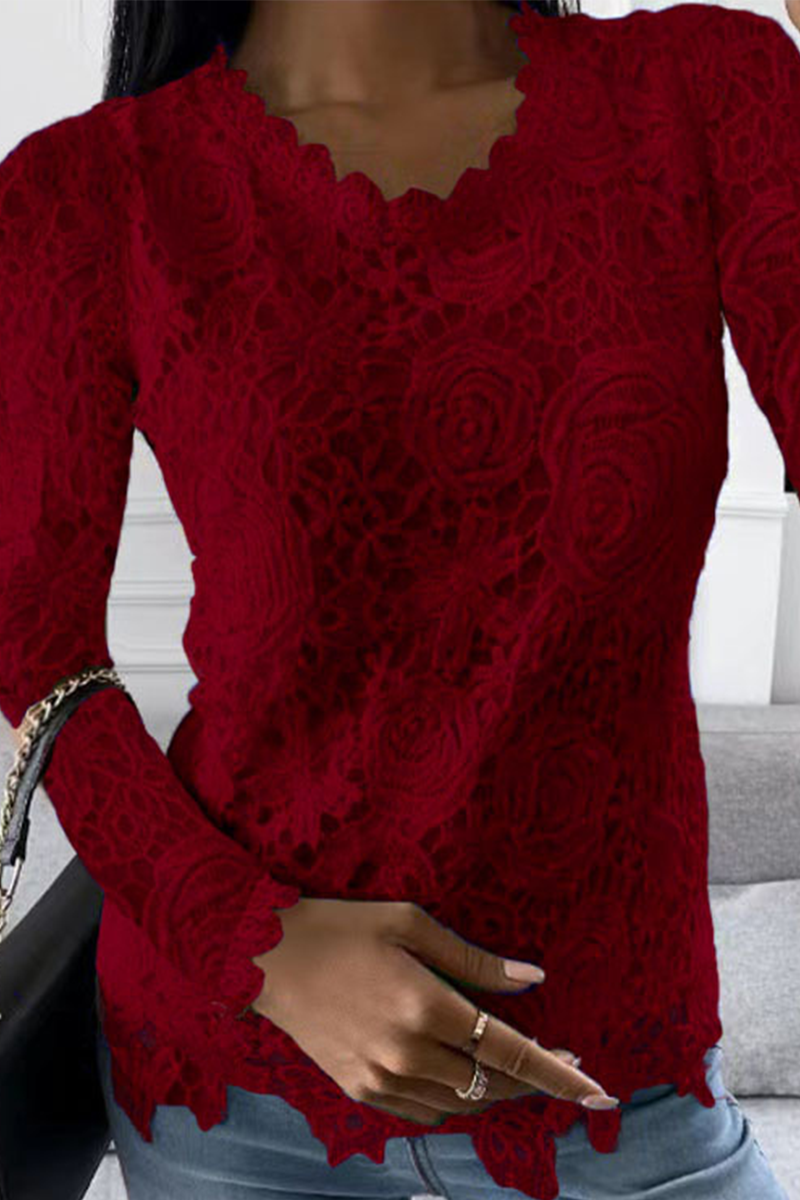 Heidi-Mode | Fashion Solide Spitze O-Hals Langarm Tops- 5 Farben