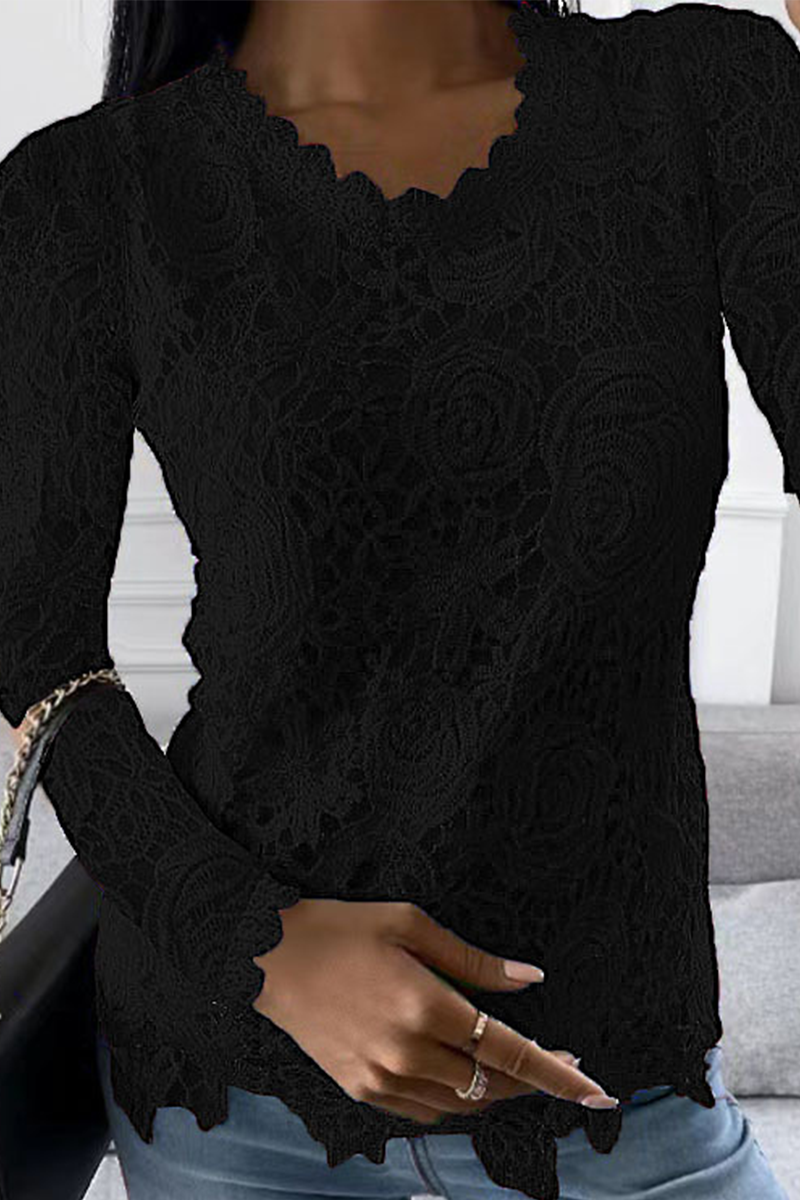 Heidi-Mode | Fashion Solide Spitze O-Hals Langarm Tops- 5 Farben