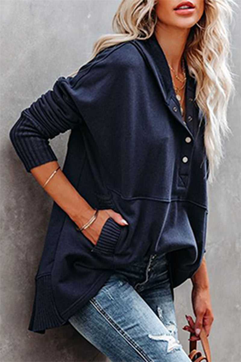 Heidi-Mode | Lässige Einfarbige Taschen Schnalle Kapuzenkragen Tops - 14 Farben