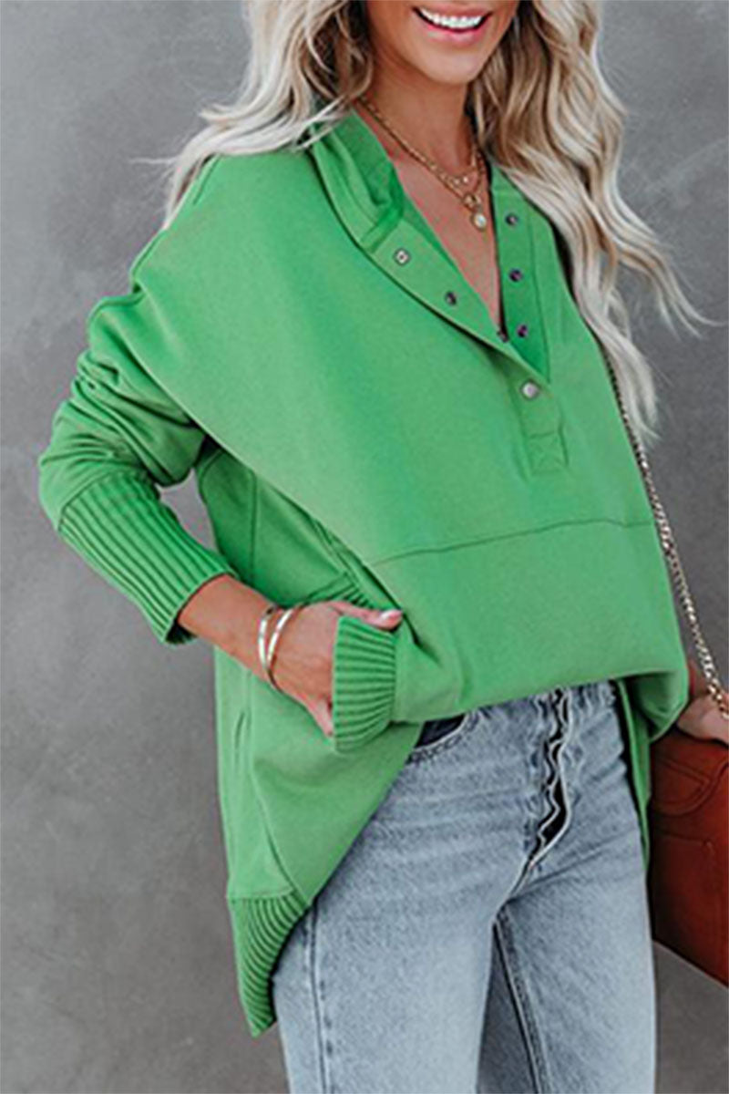 Heidi-Mode | Lässige Einfarbige Taschen Schnalle Kapuzenkragen Tops - 14 Farben