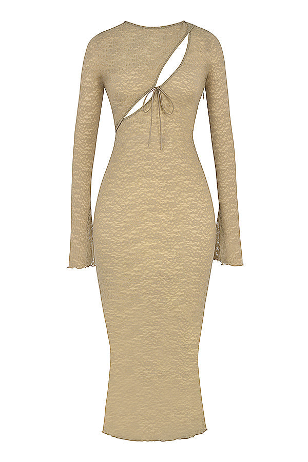 Heidi-Mode | Maxi Kleid aus Stein mit Blumenbesticktem Spitzen