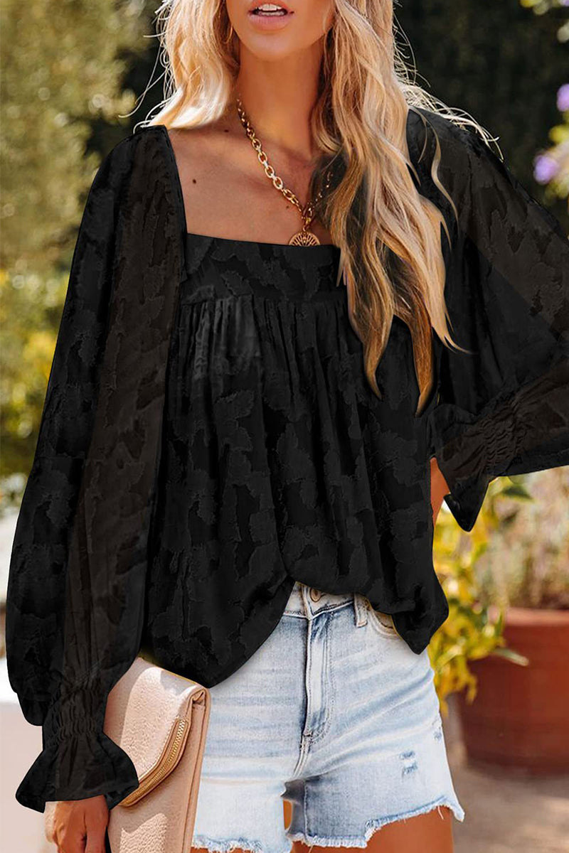 Heidi-Mode | Mode Elegante Druck Patchwork Quadratkragen Tops- 3 Farben