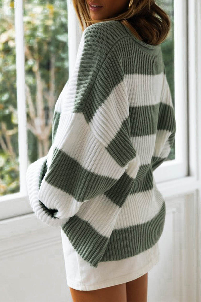 Heidi-Mode | Fashion Süß Gestreifte Kontrast O-Hals Pullover - 5 Farben