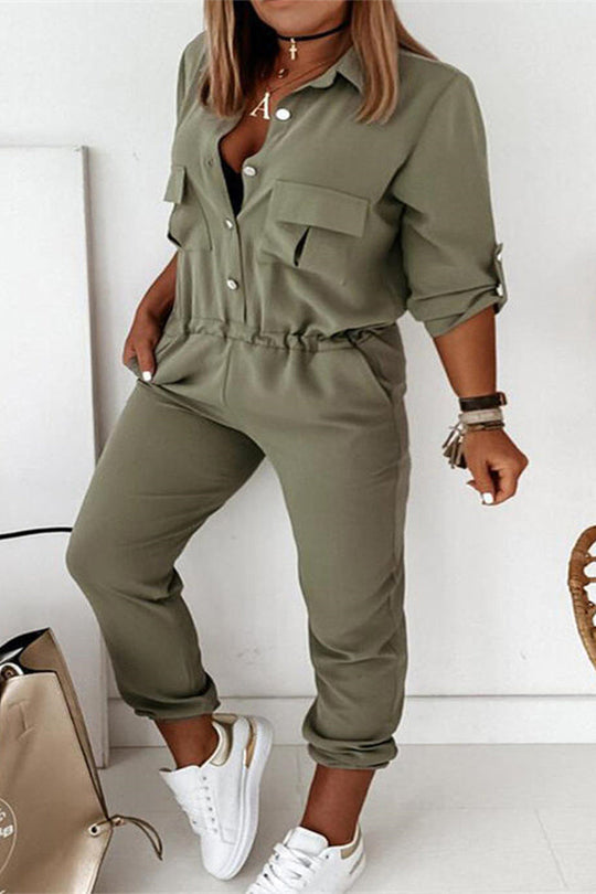 Heidi-Mode | Entspanntes Einfarbiges Frenulum Umschlagkragen Reguläre Jumpsuits