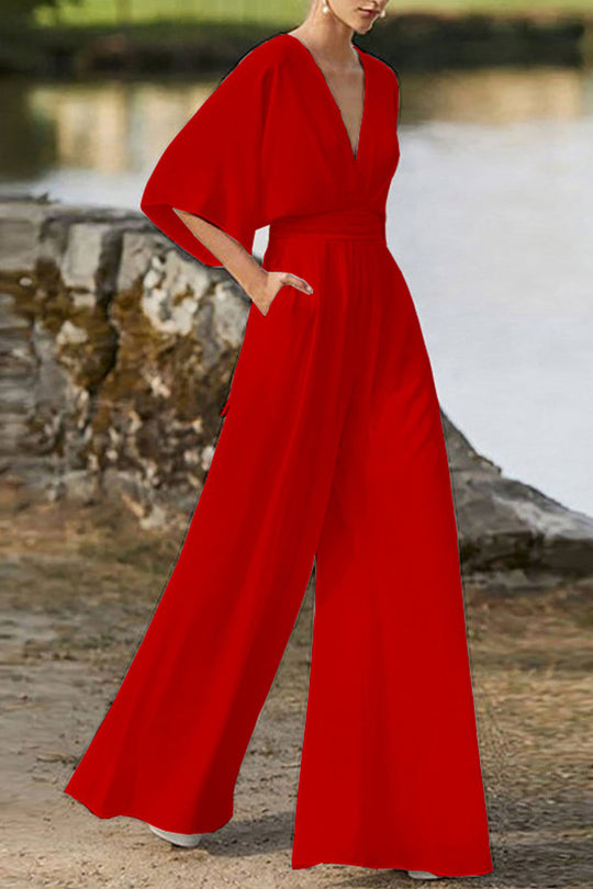 Heidi-Mode | Elegante Einfarbige V-Ausschnitt Boot Cut Jumpsuits