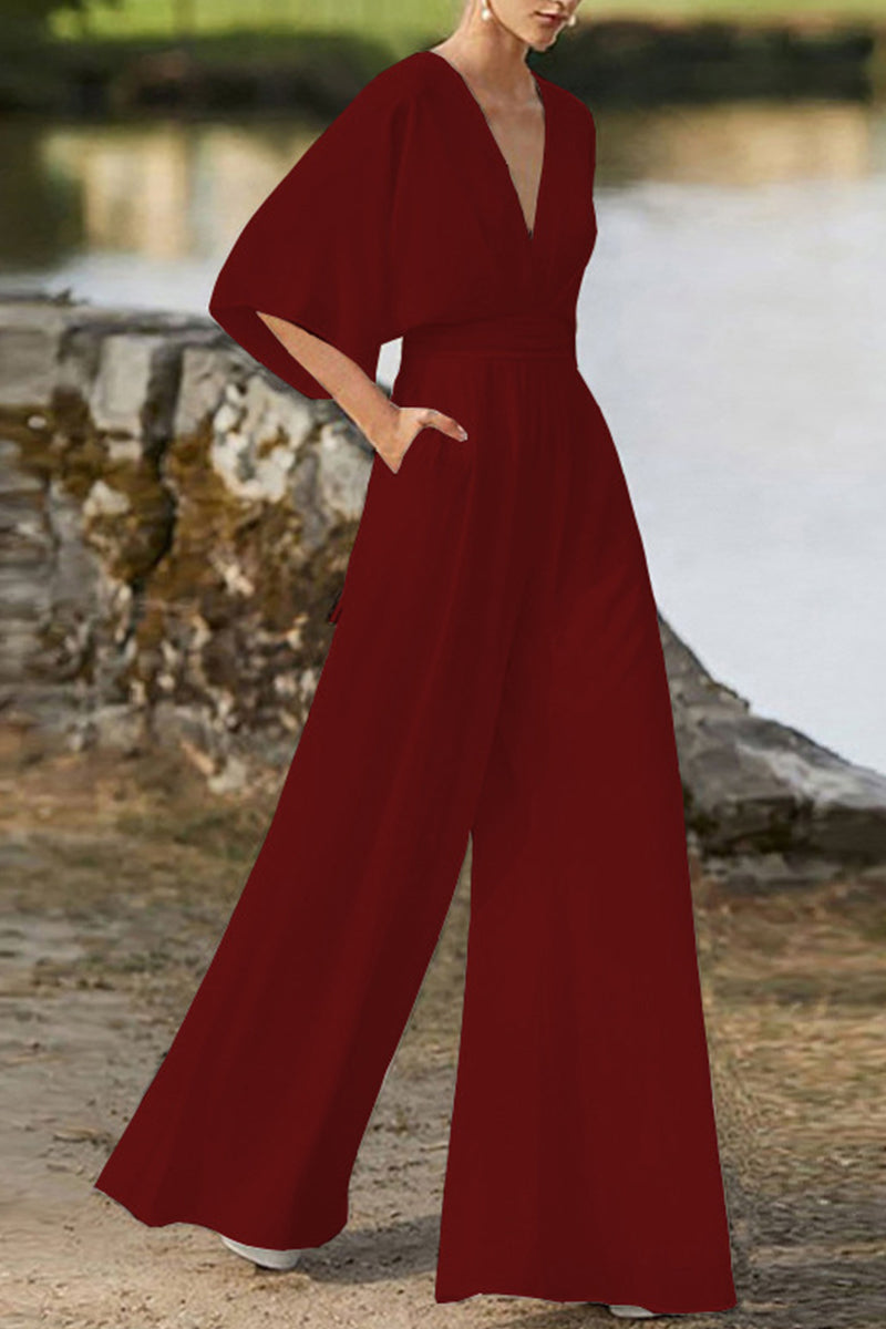 Heidi-Mode | Elegante Einfarbige V-Ausschnitt Boot Cut Jumpsuits