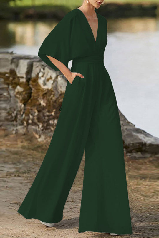Heidi-Mode | Elegante Einfarbige V-Ausschnitt Boot Cut Jumpsuits