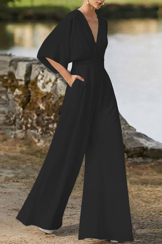 Heidi-Mode | Elegante Einfarbige V-Ausschnitt Boot Cut Jumpsuits