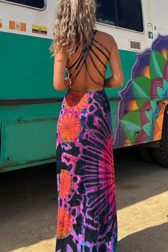 Heidi-Mode | Bamba Maxi Kleid Stretch Mit Rückenschnürung Mit Batikdruck