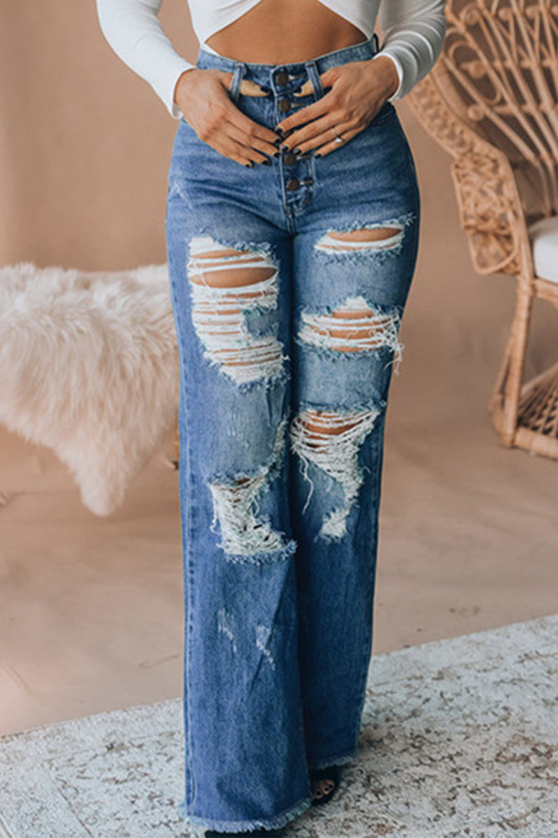 Heidi-Mode | Street Patchwork Revnet Spange Hohe Taille Gerade Denim Jeans