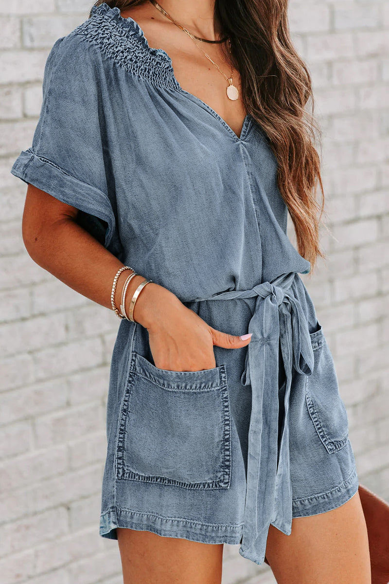 Heidi-Mode | Street Solid Make Old V-Ausschnitt Kurzarm Hoch Taille Locker Jeans Overalls