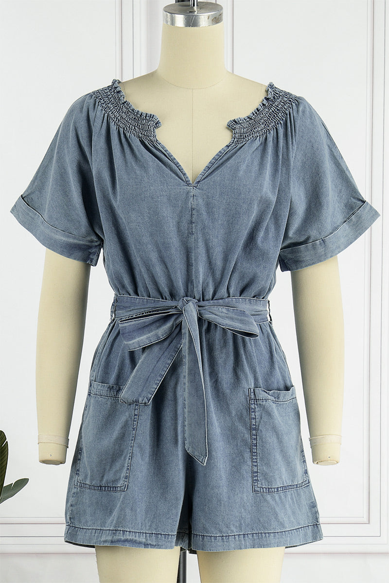 Heidi-Mode | Street Solid Make Old V-Ausschnitt Kurzarm Hoch Taille Locker Jeans Overalls