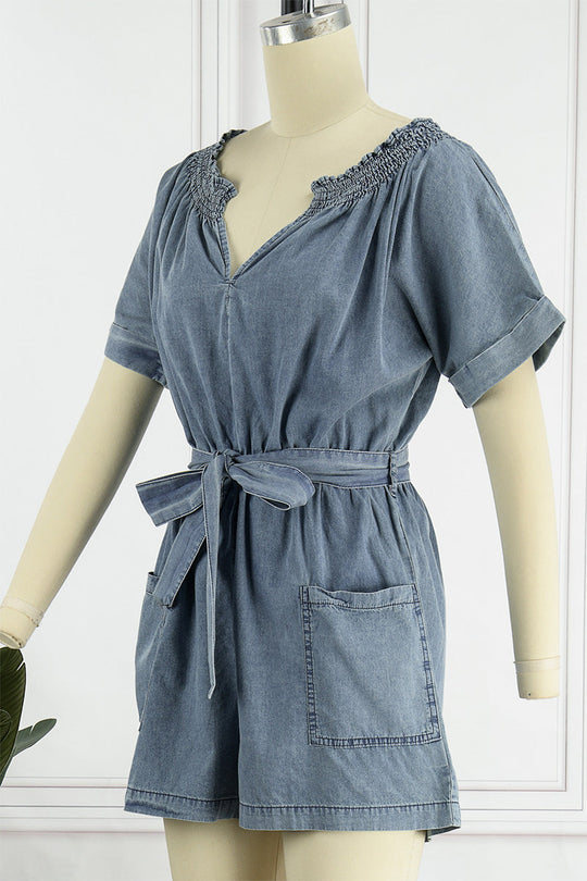 Heidi-Mode | Street Solid Make Old V-Ausschnitt Kurzarm Hoch Taille Locker Jeans Overalls