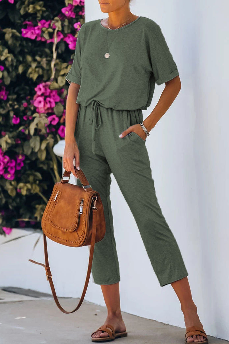 Heidi-Mode | Lässige Einfachheit Einfarbig Rundhals Reguläre Jumpsuits - 4 Farben
