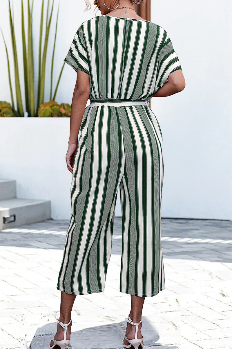 Heidi-Mode | Lässige Gestreifte Kontrast-V-Ausschnitt Lockere Jumpsuits