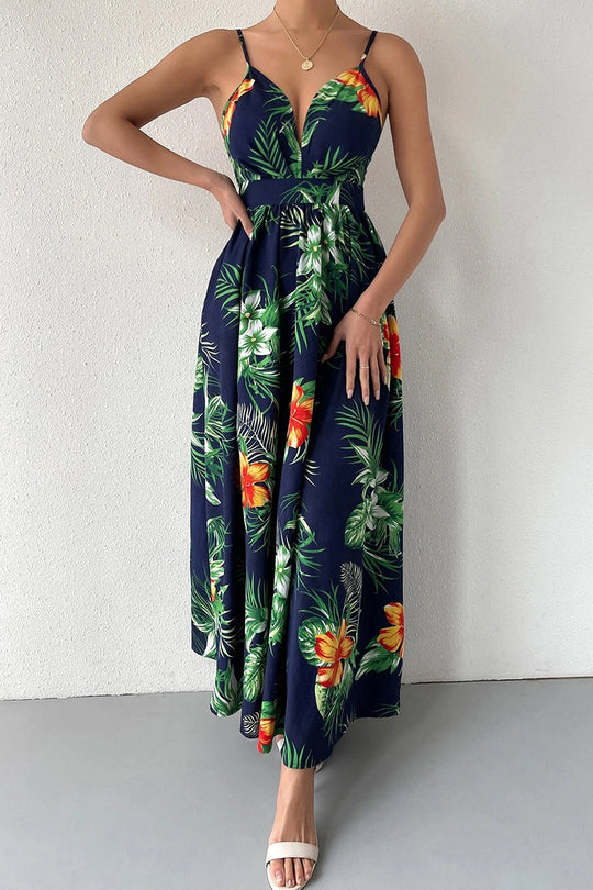 Heidi-Mode | Elegante Florale Schnür-V-Ausschnitt-Trägerkleid Kleider