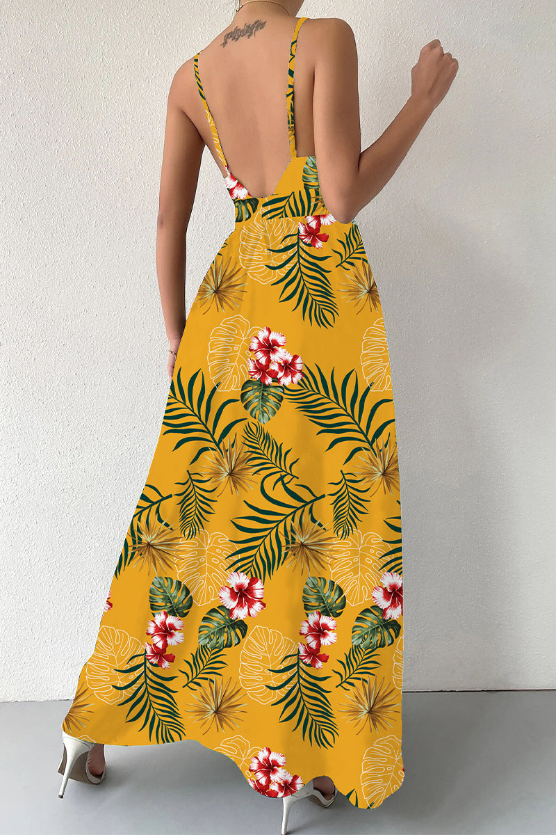 Heidi-Mode | Elegante Florale Schnür-V-Ausschnitt-Trägerkleid Kleider