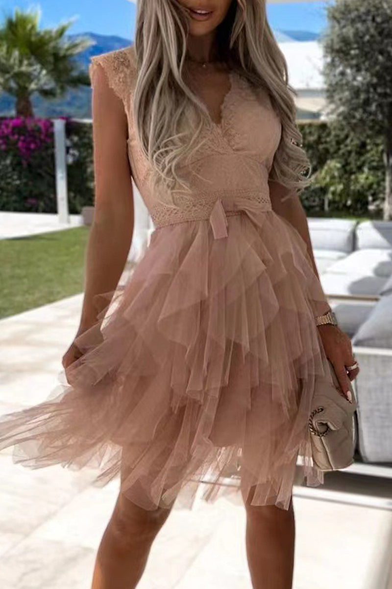 Heidi-Mode | Süß Elegante Einfarbige Mesh V-Ausschnitt Ungleichmäßiges Kleid Kleider- 3 Farben