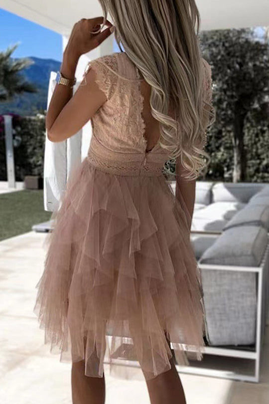 Heidi-Mode | Süß Elegante Einfarbige Mesh V-Ausschnitt Ungleichmäßiges Kleid Kleider- 3 Farben