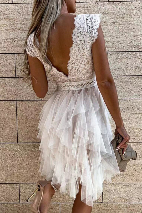 Heidi-Mode | Süß Elegante Einfarbige Mesh V-Ausschnitt Ungleichmäßiges Kleid Kleider- 3 Farben