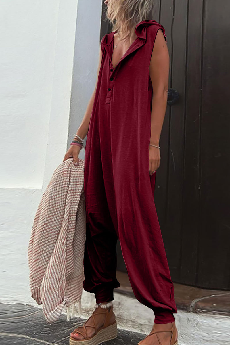 Heidi-Mode | Lässig Einfarbig Schnalle Kapuzenkragen Lockere Jumpsuits