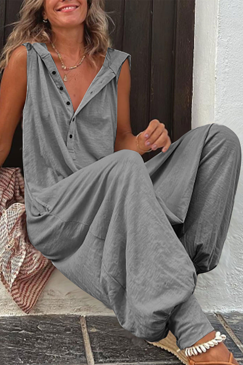 Heidi-Mode | Lässig Einfarbig Schnalle Kapuzenkragen Lockere Jumpsuits
