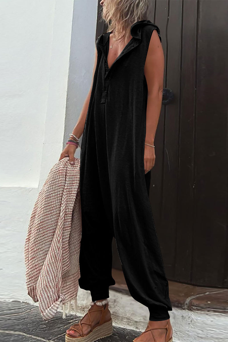 Heidi-Mode | Lässig Einfarbig Schnalle Kapuzenkragen Lockere Jumpsuits