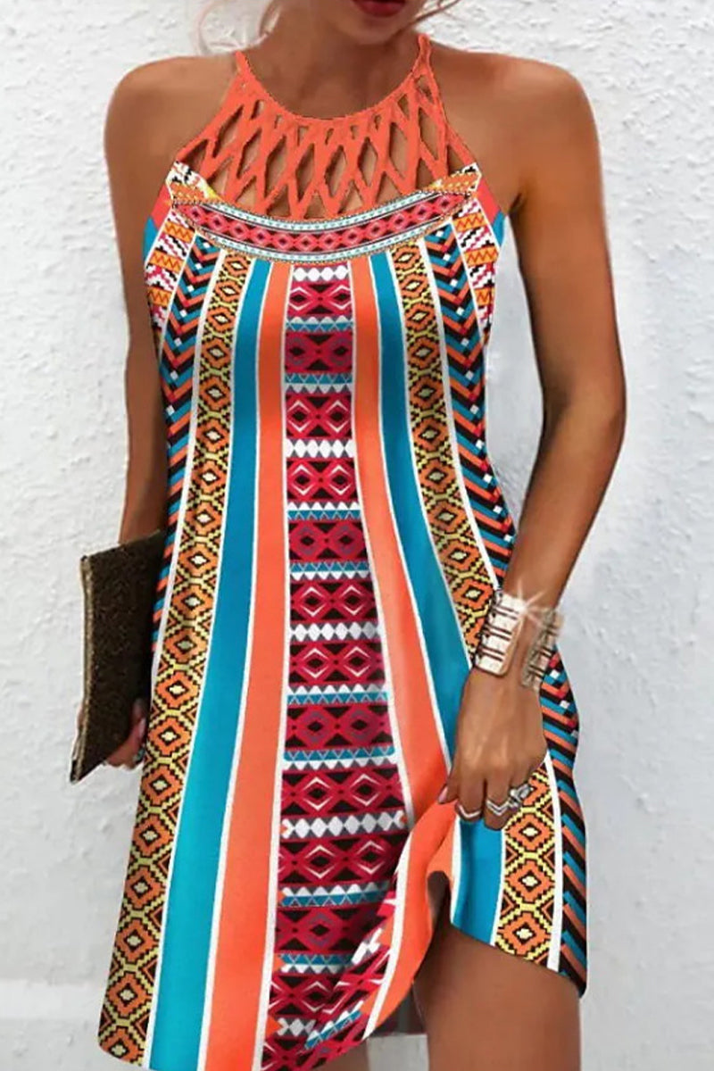 Heidi-Mode | Elegante College National Totem Patchwork Halter Gedrucktes Kleid Kleider