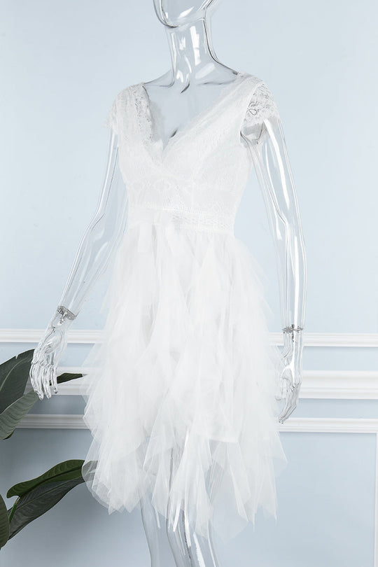 Heidi-Mode | Süß Elegante Einfarbige Mesh V-Ausschnitt Ungleichmäßiges Kleid Kleider- 3 Farben