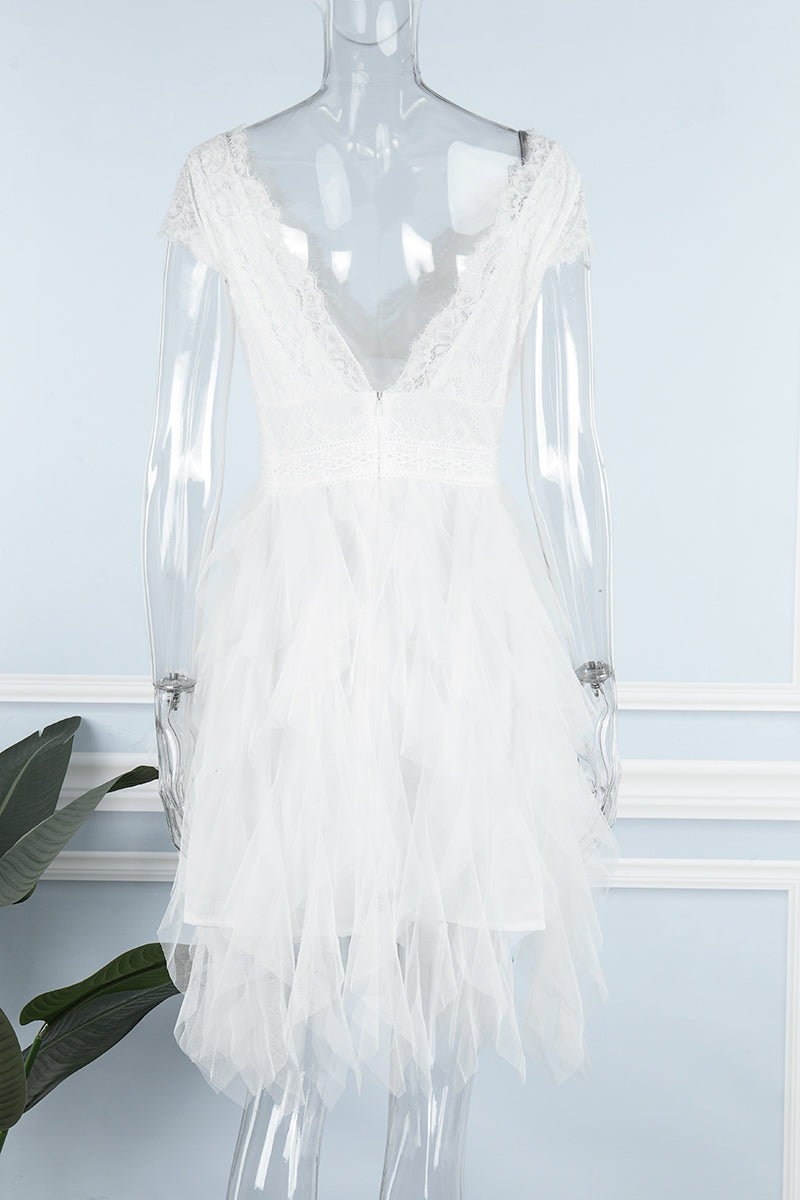 Heidi-Mode | Süß Elegante Einfarbige Mesh V-Ausschnitt Ungleichmäßiges Kleid Kleider- 3 Farben