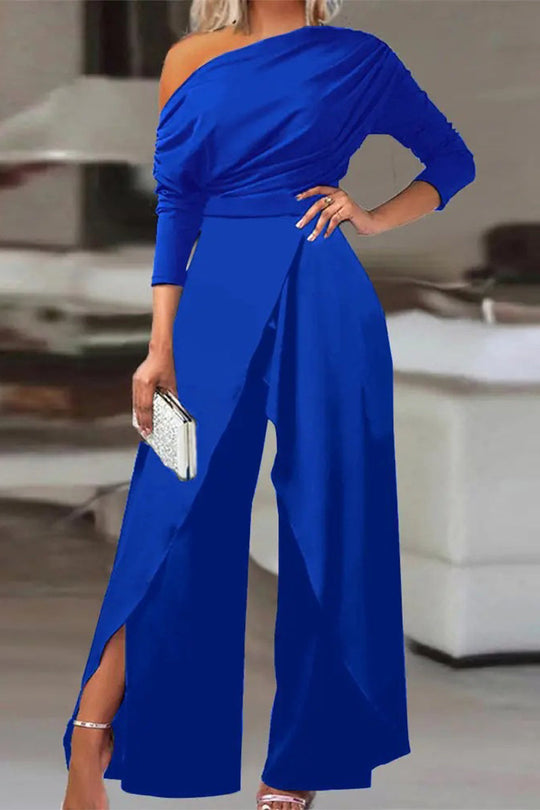 Heidi-Mode | British Style Solide Rückenlos Asymmetrischer Schräger Kragen Reguläre Jumpsuits - 3 Farben