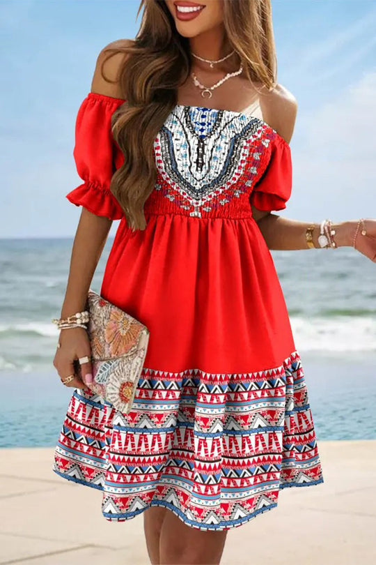 Heidi-Mode | Sexy Print Patchwork Off The Shoulder Kleider