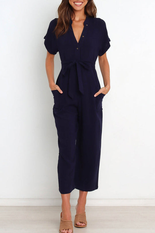 V-Ausschnitt Knopfverschluss Jumpsuit mit Gürtel