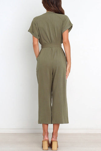 V-Ausschnitt Knopfverschluss Jumpsuit mit Gürtel