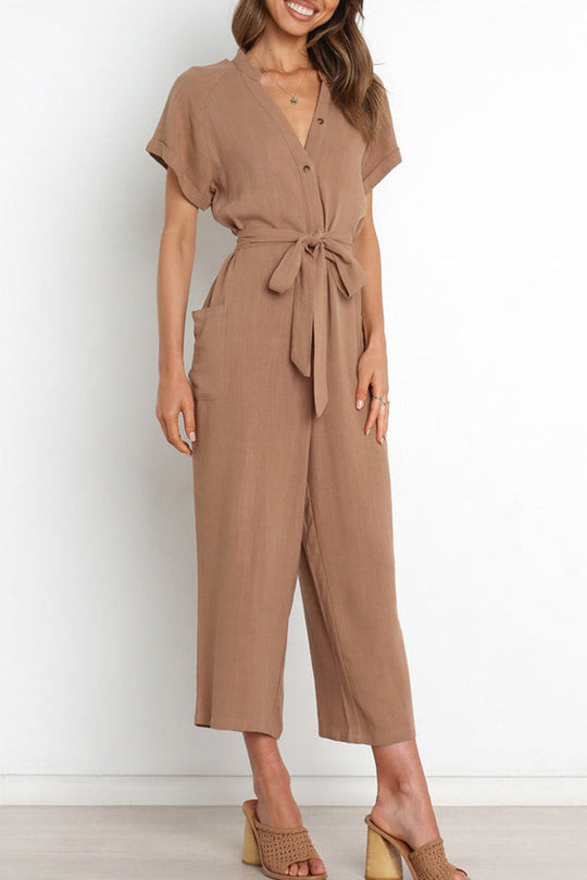 V-Ausschnitt Knopfverschluss Jumpsuit mit Gürtel