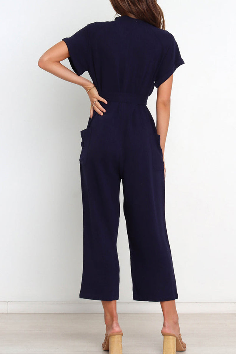 V-Ausschnitt Knopfverschluss Jumpsuit mit Gürtel