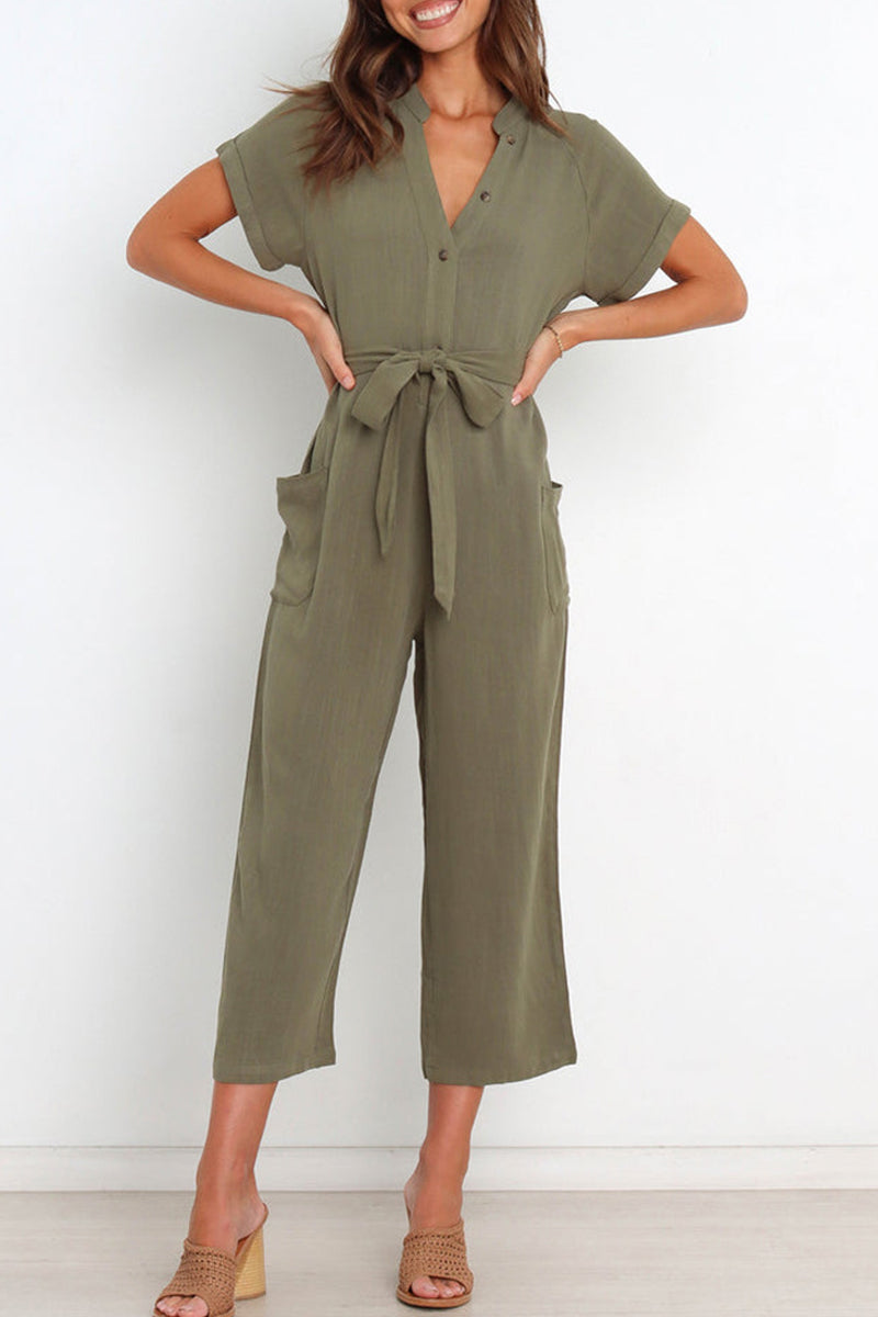 V-Ausschnitt Knopfverschluss Jumpsuit mit Gürtel