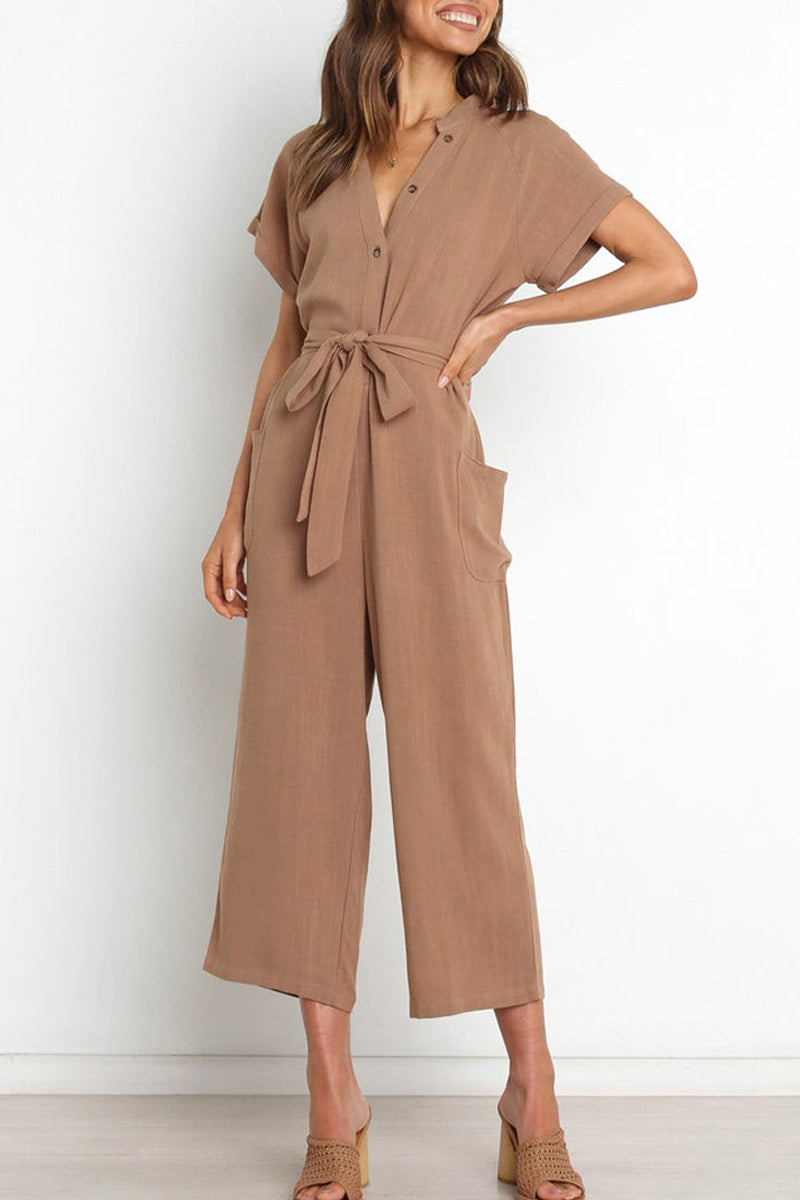 V-Ausschnitt Knopfverschluss Jumpsuit mit Gürtel