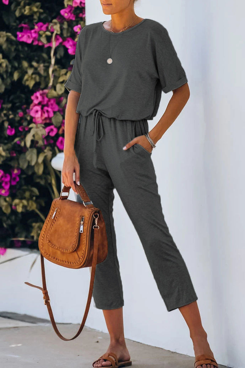 Heidi-Mode | Lässige Einfachheit Einfarbig Rundhals Reguläre Jumpsuits - 4 Farben