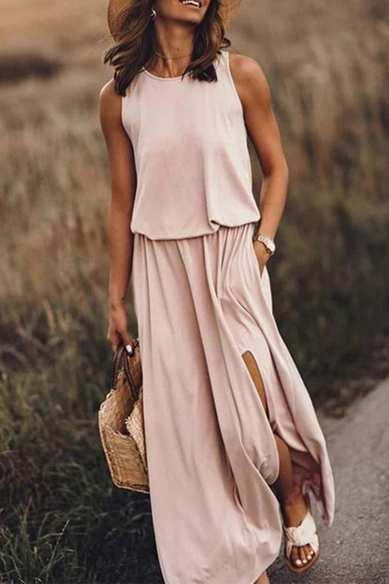 Heidi-Mode | Arbeit Elegant Fest Solid Schlitz O-Hals A Linie Kleider