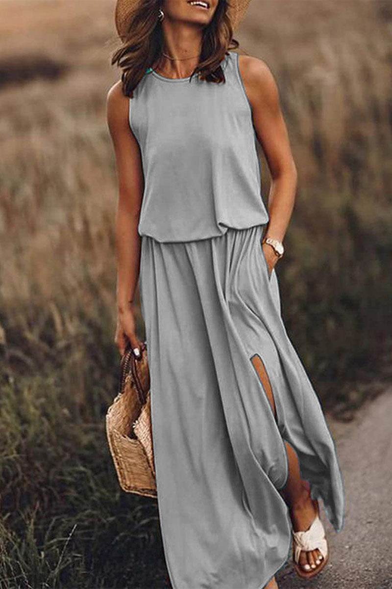 Heidi-Mode | Arbeit Elegant Fest Solid Schlitz O-Hals A Linie Kleider