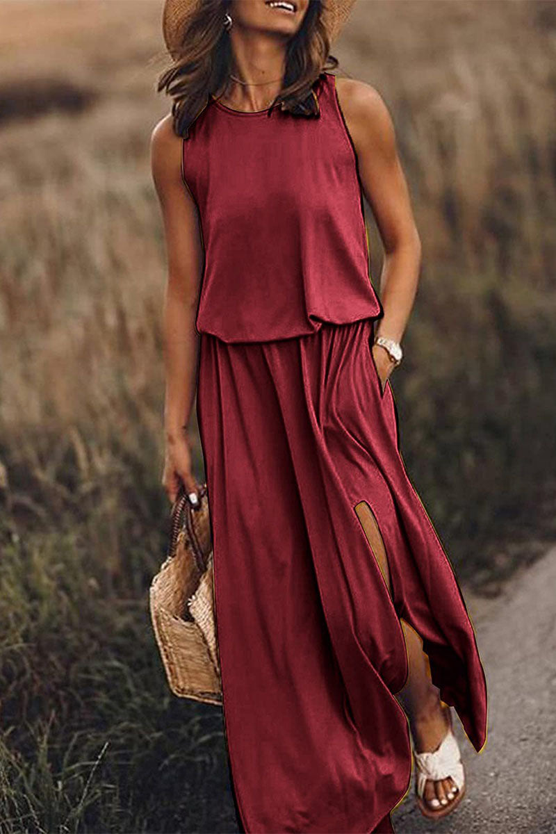 Heidi-Mode | Arbeit Elegant Fest Solid Schlitz O-Hals A Linie Kleider
