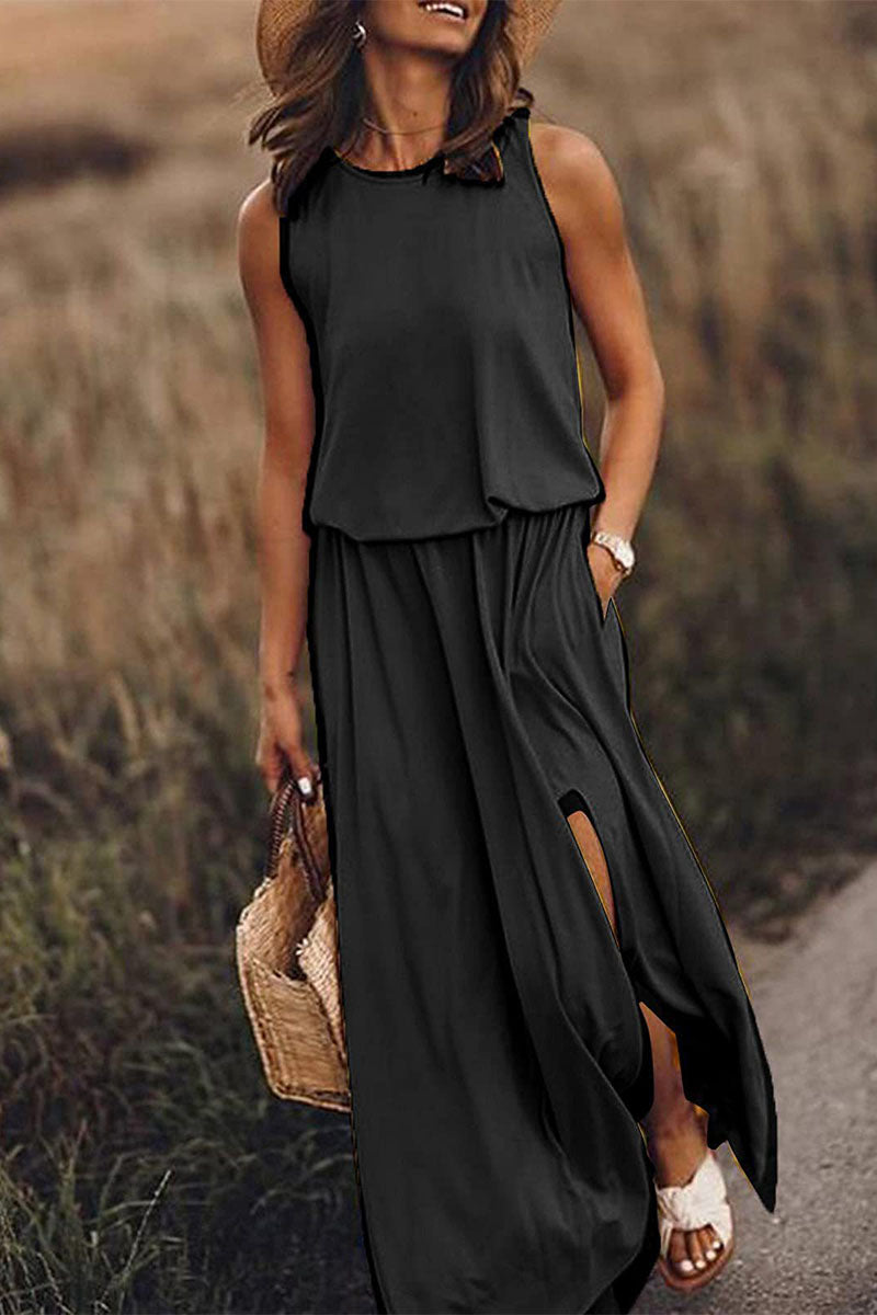 Heidi-Mode | Arbeit Elegant Fest Solid Schlitz O-Hals A Linie Kleider
