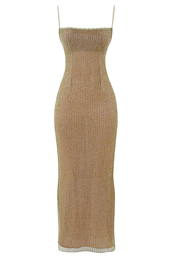 Heidi-Mode | Maxikleid mit café au lait Perlen